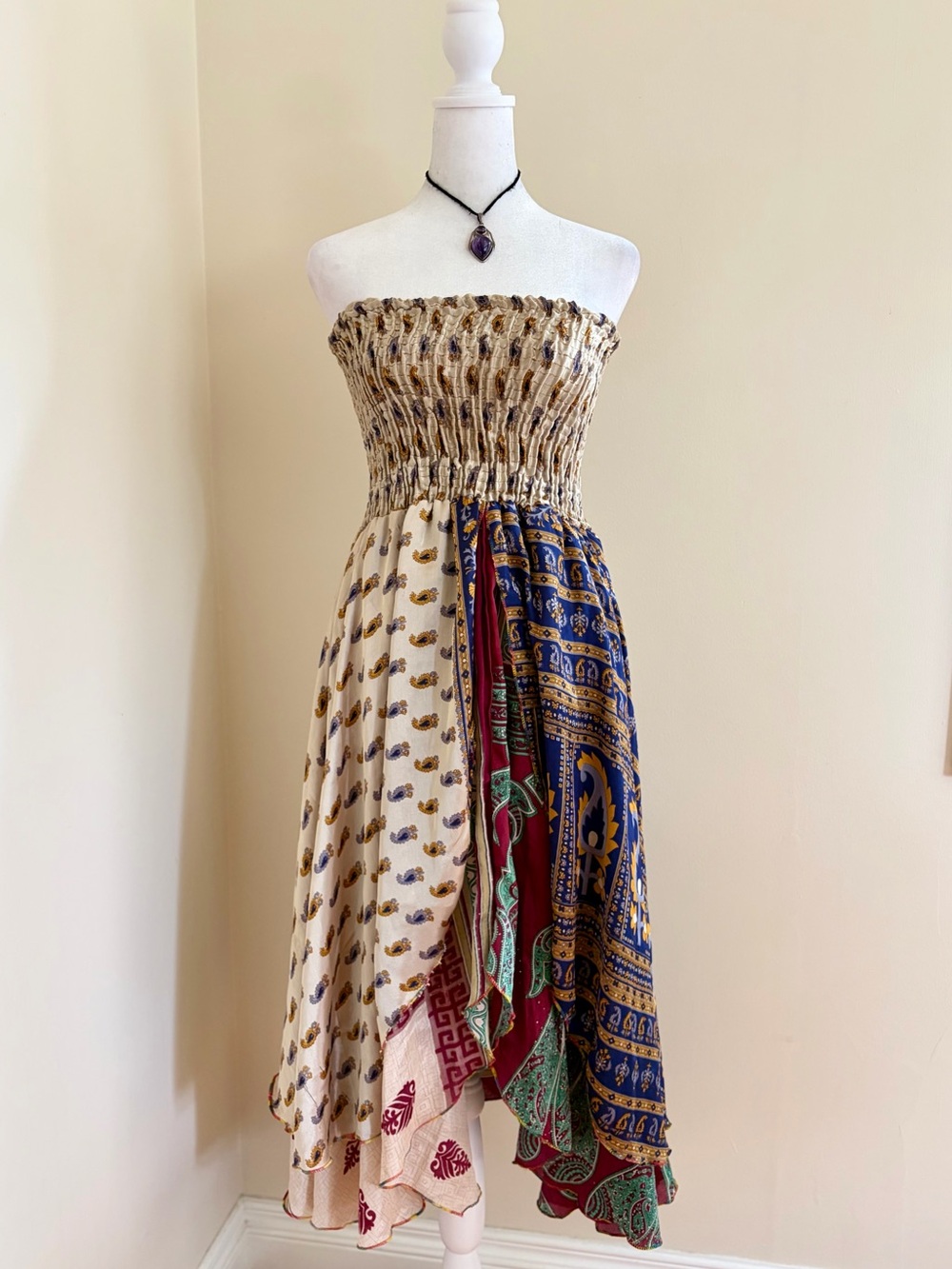 Y2K silk boho fairy asymmetrical hem draped strapless dress vintage paisley S